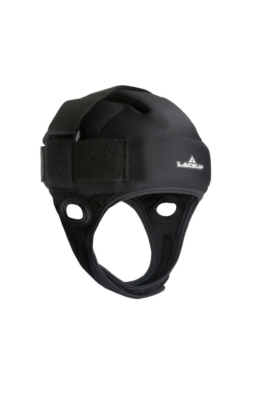 a black helmet with strap