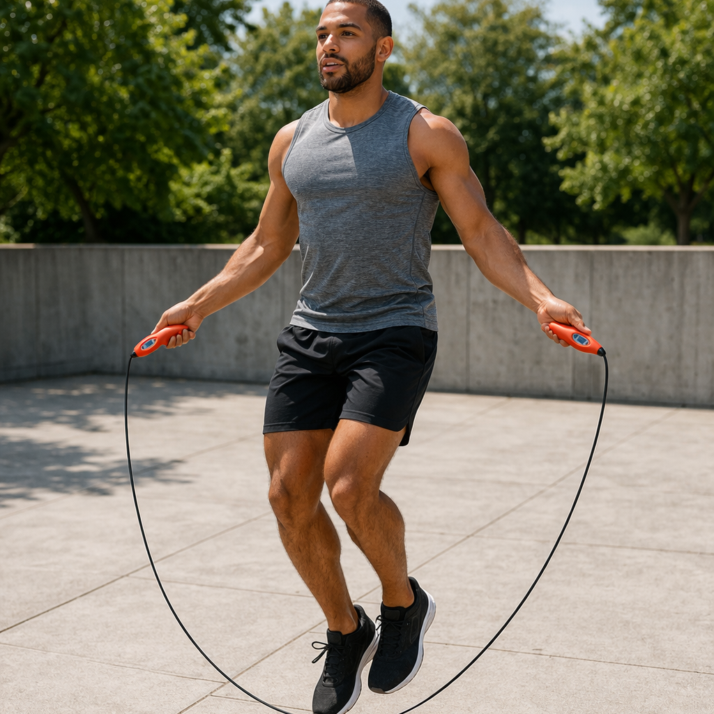 Man jumping rope outdoors on a sunny day