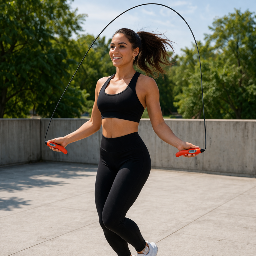 Woman jumping rope outdoors on a sunny day