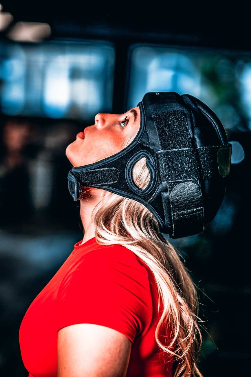a woman wearing a helmet