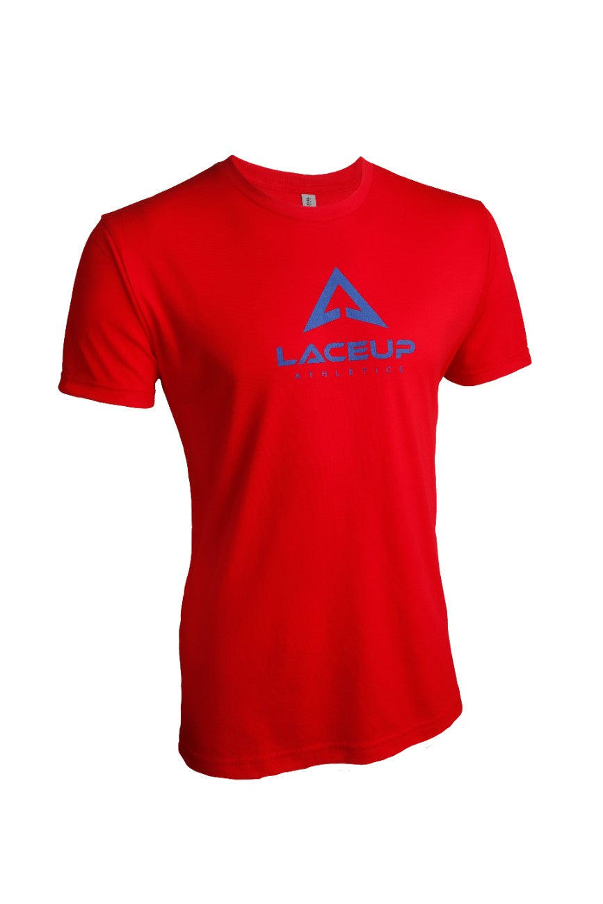a red shirt with blue text