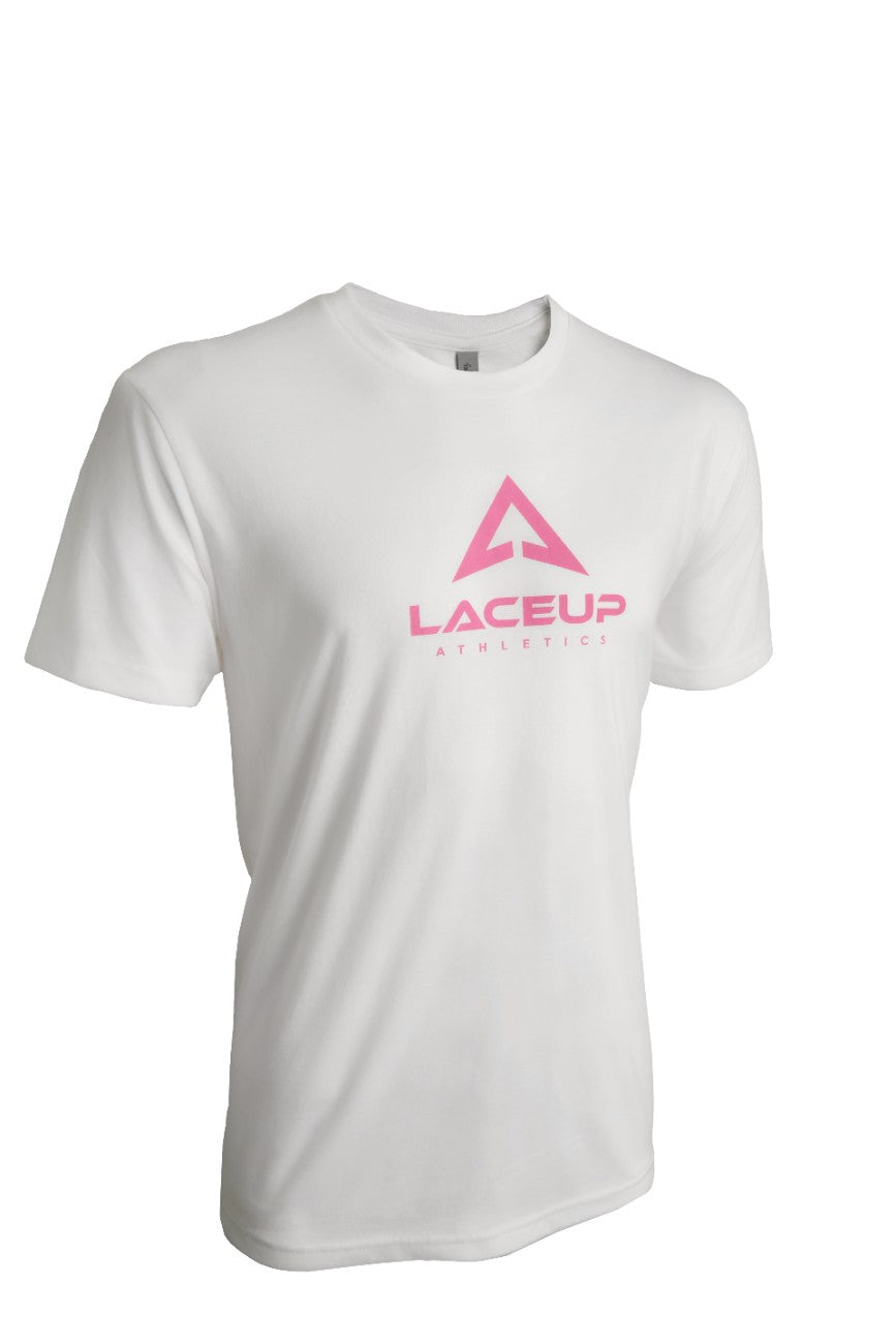 a white shirt with pink text